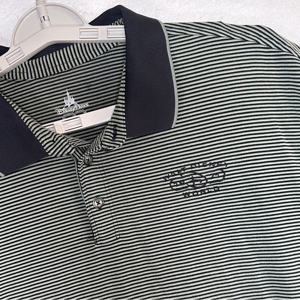 Walt Disney World Parks Polo Shirt Mens XL Gray Black Striped Stretch Comfort